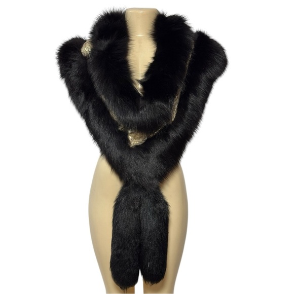 Vintage Black Mink Arctic Fox Fur Shawl Oversized Gold Trim Adjustable Stole - Picture 1 of 16